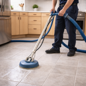 Professional tile and grout cleaning removing deep buildup from grout lines